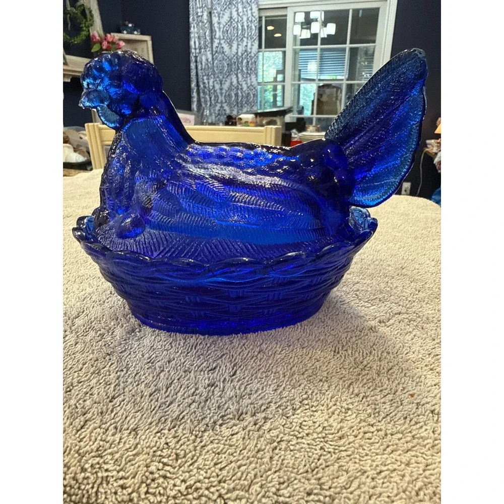 Cobalt Blue Glass Hen on Nest Candy Dish Vintage Style Farmhouse Decor 5.5 inch